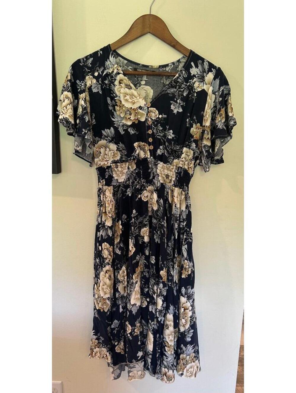 NERLEROLIAN Navy Floral Midi Dress XL Boho Smocked Waist Flutter Sleeve - Picture 4 of 9